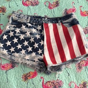 BiBi Red and White Jean Shorts Distressed Cut-Offs